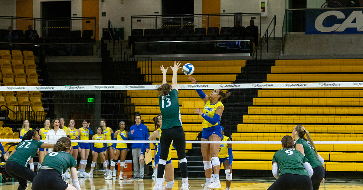 University of Delaware Women's Volleyball middle blocker Pearce Augier is jumping to block a shot from a Townson University player.