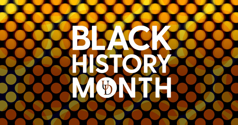 A graphic image that's orange and yellow with a circular pattern to promote Black History Month with the UD logo inside the "O" in Month