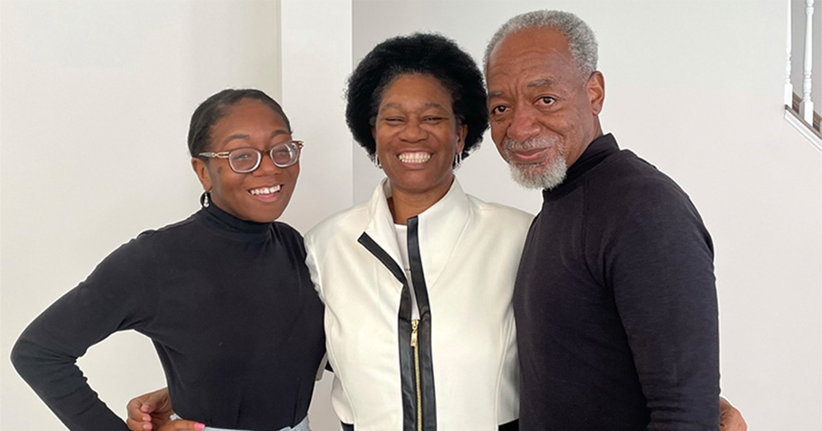 Asli McCullers, a graduate student in the epidemiology program, poses with her parents Shelia Russell McCullers and Gregory McCullers, who are disabled military veterans.