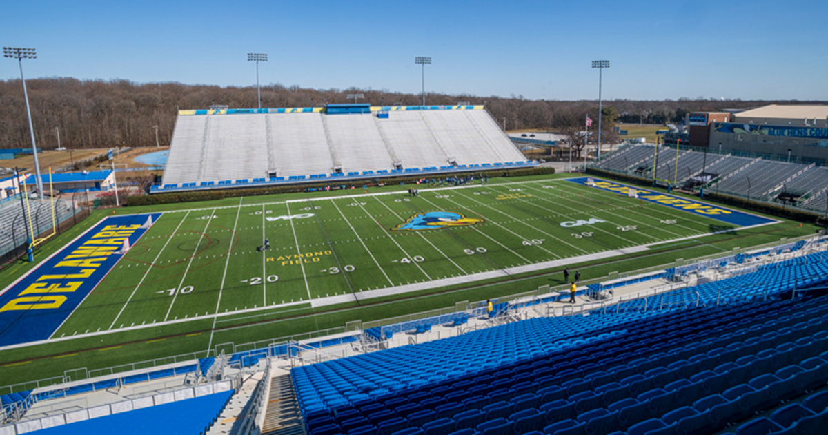 A wide shot of a relatively empty Delaware Stadium 