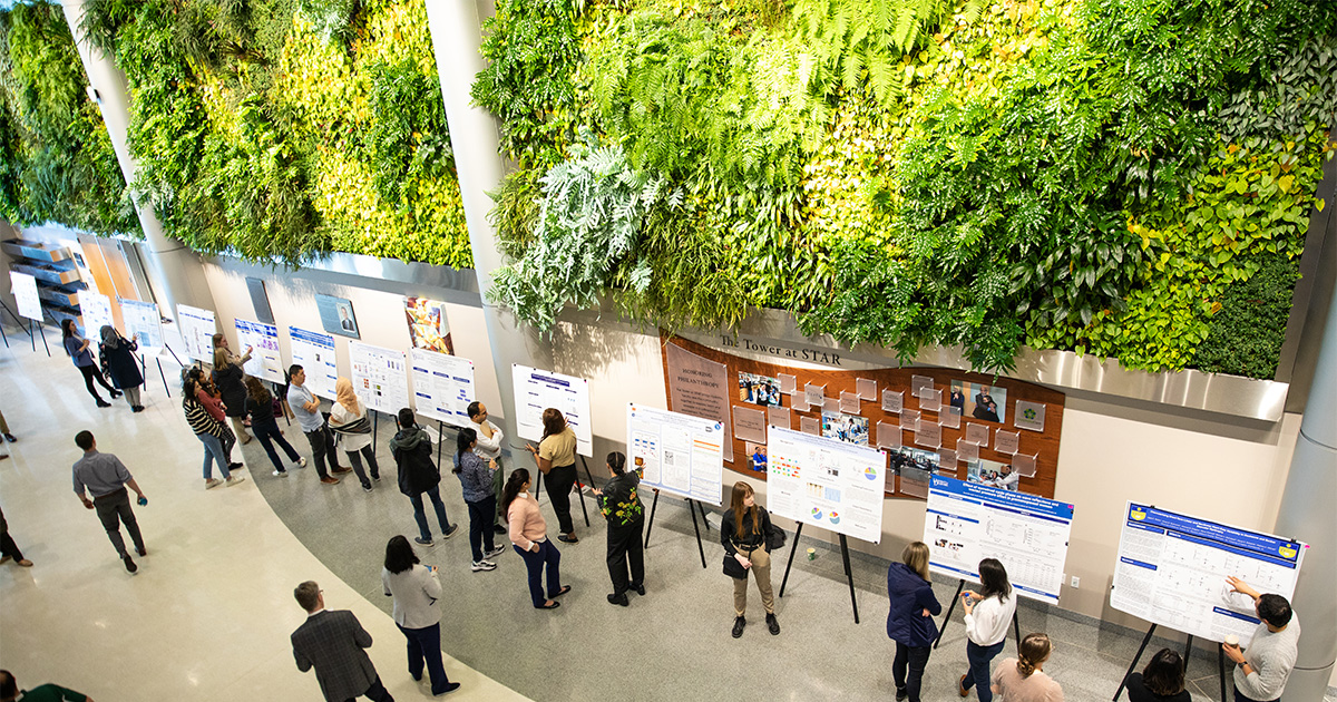 Posters filled with research line the walls of the Atrium from the Tower to the Health Sciences Complex with a living wall as the backdrop as people stop by to learn more about a given project.
