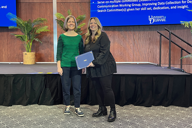 Brie Rivera (right), Administrative Specialist in the Department of Physical Therapy, took home this year's Excellence in Administrative/Operations (Staff) Award. Here, Rivera poses with Jocelyn Hafer, Assistant Professor of KAAP and CHS Awards Committee member.