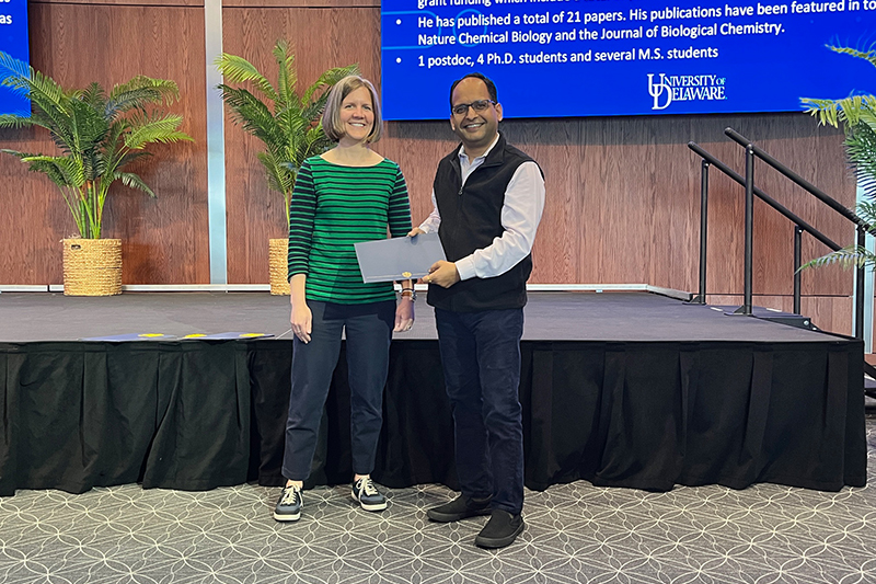Vijay Parashar (right), Assistant Professor of Medical and Molecular Sciences, received the 2024 Excellence in Research (Assistant Professor) Award. Here, she poses with Jocelyn Hafer, Assistant Professor of KAAP and CHS Awards Committee member.
