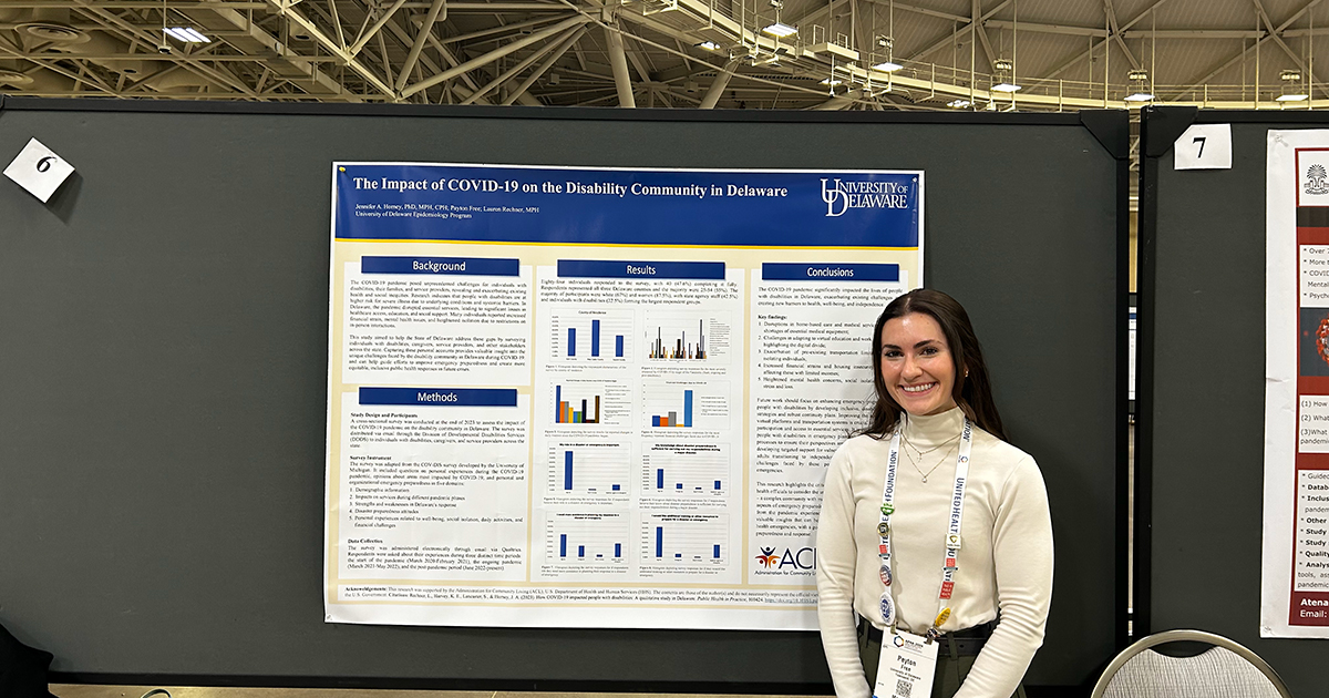 University of Delaware Master of Public Health student Peyton Free stands in front of her research poster entitled "The Impact of COVID-19 on the Disability Community in Delaware." She presented at the American Public Health Association’s (APHA) Annual Meeting in Minneapolis. 