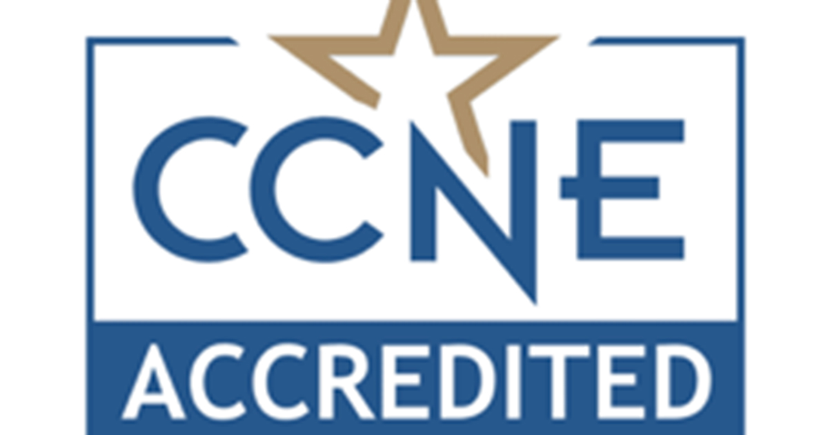 A logo in the shape of a rectangle that says CCNE Accredited in blue letters with a gold start in the center up top.