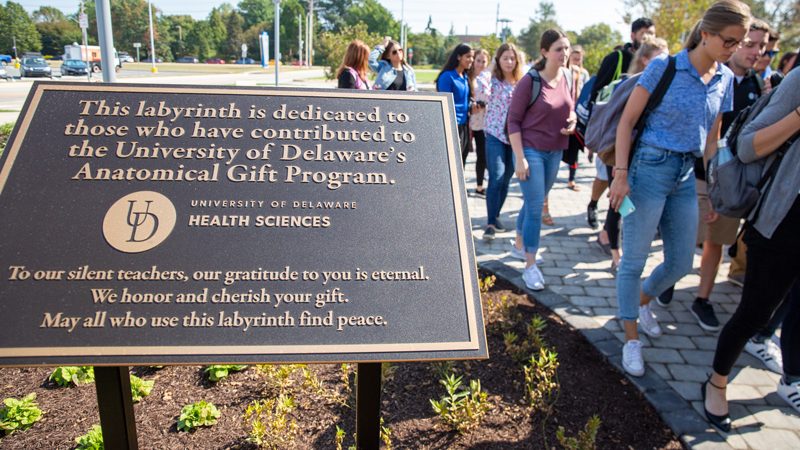 The new labyrinth at the UD Health Sciences Complex was dedicated Sept. 23, 2019 to honor those who participated in the University’s anatomical donor program.
The labyrinth was inspired by students in the Physical Therapy program who wished to commemorate and thank their “silent teachers.”