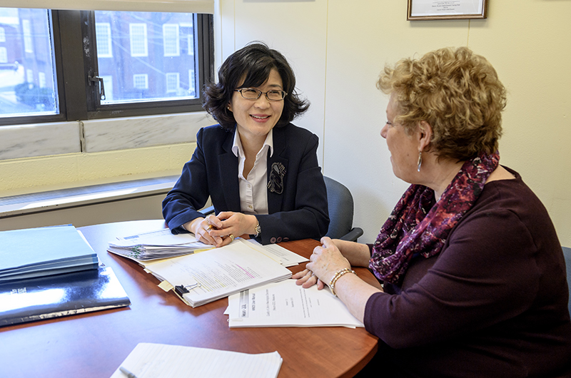 Barbara Habermann mentors junior faculty member Ju Young Shin on some collaborating research for the College of Health Sciences. 