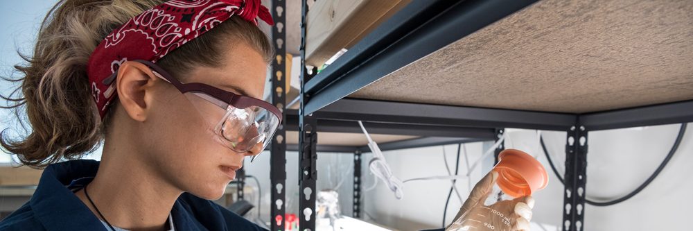 Young student in a lab examining a solution.