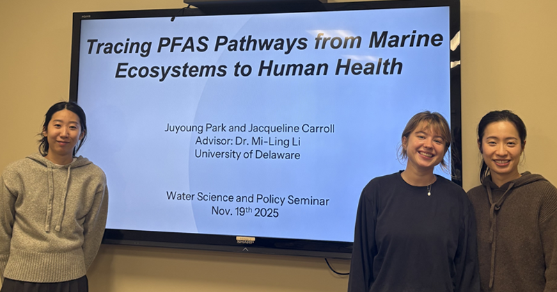 Mi-ling Li, assistant professor of environmental chemistry and toxicology; Juyoung Park, water science and policy student; and Jacquie Carroll, graduate student in the Li lab, presented “Tracing PFAS Pathways from Marine Ecosystems to Human Health” at a brown bag seminar in Penny Hall, which was hosted by the water science and policy program.