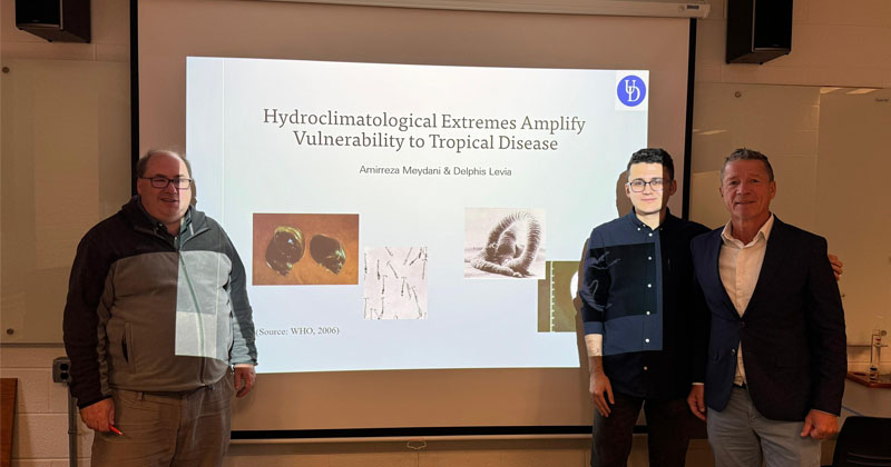 Delphis Levia (left), professor of ecohydrology, and Amirreza Meydani, College of Earth, Ocean and Environment doctoral candidate, presented at a water science and policy graduate program brown bag seminar, where they were welcomed by Gerald Kauffman, interim director of the water science and policy graduate program. Delphis Levia (left), professor of ecohydrology, and Amirreza Meydani, College of Earth, Ocean and Environment doctoral candidate, presented at a water science and policy graduate program brown bag seminar, where they were welcomed by Gerald Kauffman, interim director of the water science and policy graduate program.