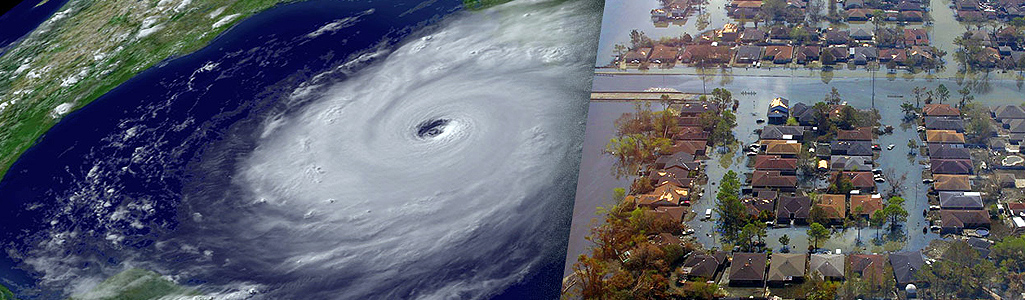 Two photos - an aerial view of Hurricane Katrina and a flooded neighborhood.
