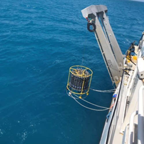 Niskin bottles are deployed to sample water at different depths at the Bermuda Atlantic Time Series station. Photo by Barbra Ferrell