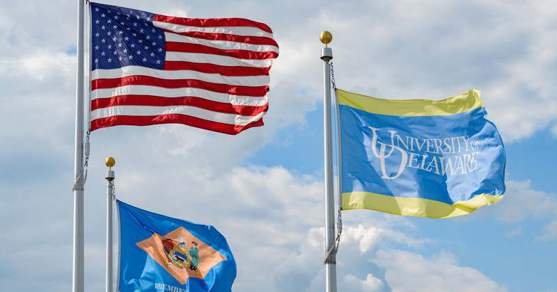 "Stock" images of the American, State of Delaware, and University of Delaware flags taken in the week leading up to the 4th of July.