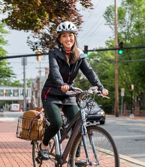 Christine Schultz, Honors Program, rides her bike to work everyday.  This is an advance for the Bike To Work Day, May 17, 2019.  