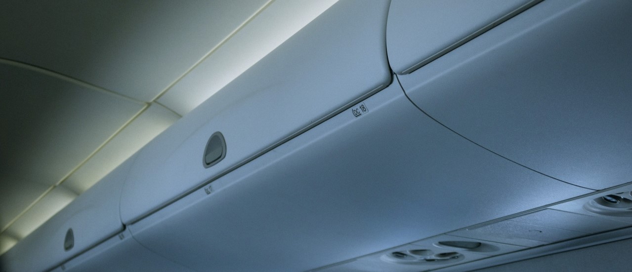 Airplane Arrival Overhead storage compartments on an airplane