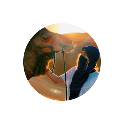 A photo of a girl with a camel in the desert
