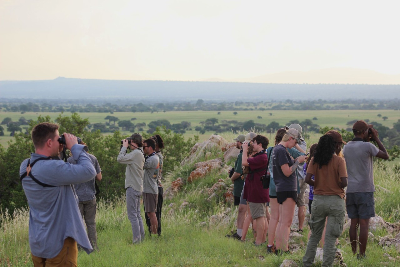 students using binoculars in the outdoors