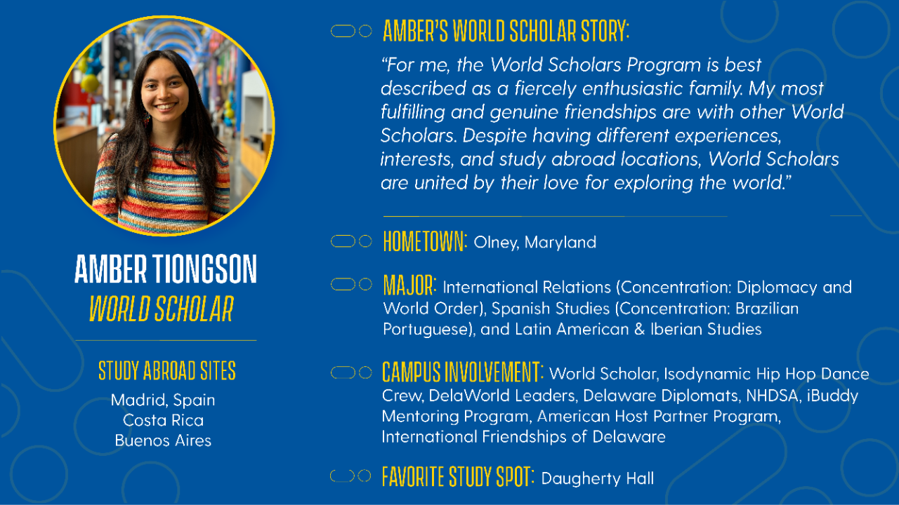 World Scholar Amber Tiongson Hometown: Olney, MD  Area of Study: International Relations, Spanish Studies, and Latin American & Iberian Studies Study Abroad Experience: Madrid, Spain, Costa Rica, Buenos Aires  Campus Involvement: Isodynamic Hip Hop Dance Crew, DelaWorld Leaders, Delaware Diplomats, National Honor Society of Dance Arts (NHDSA), iBuddy Mentoring Program, American Host Partner Program, International Friendships of Delaware  Favorite On-Campus Study Spot: Daugherty Hall