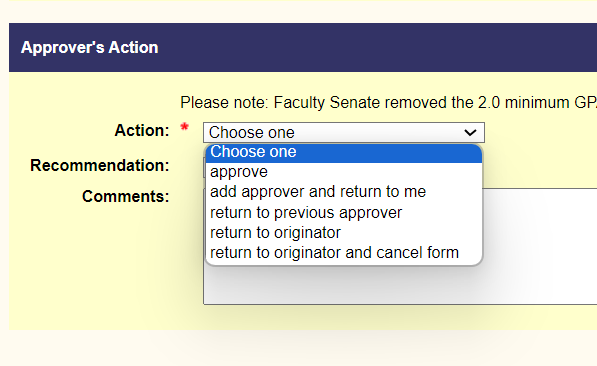 Change of Major form approval options