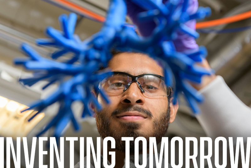 Azeem Sharief, a junior in chemical engineering, is working on summer research with assistant professor of Chemical and Biomolecular Engineering Catherine Fromen and graduate student Emily Kolewe, on 3D Printed Human Lung Morphology Models for Particle Transport and Deposition Studies.