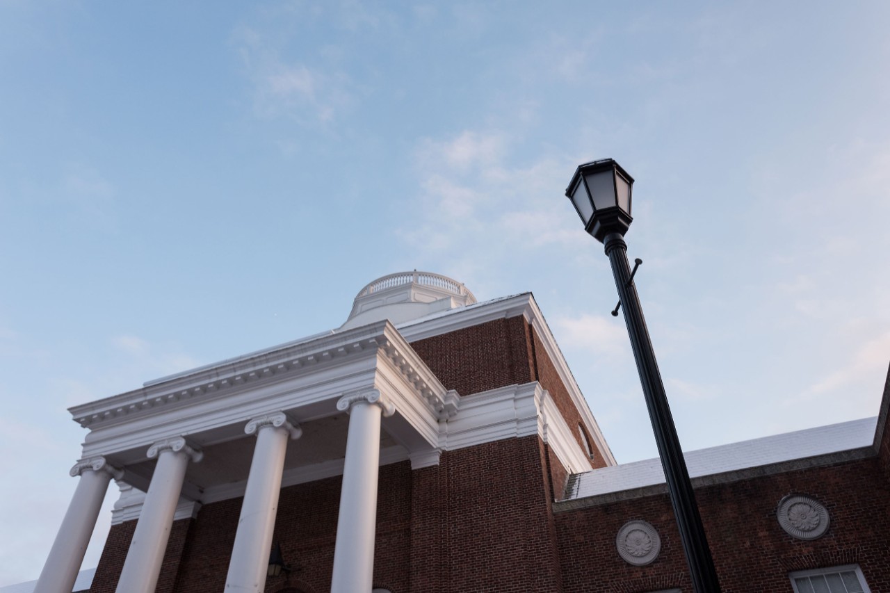 Image of the carillon atop Memorial Hall looking up from the ground. 