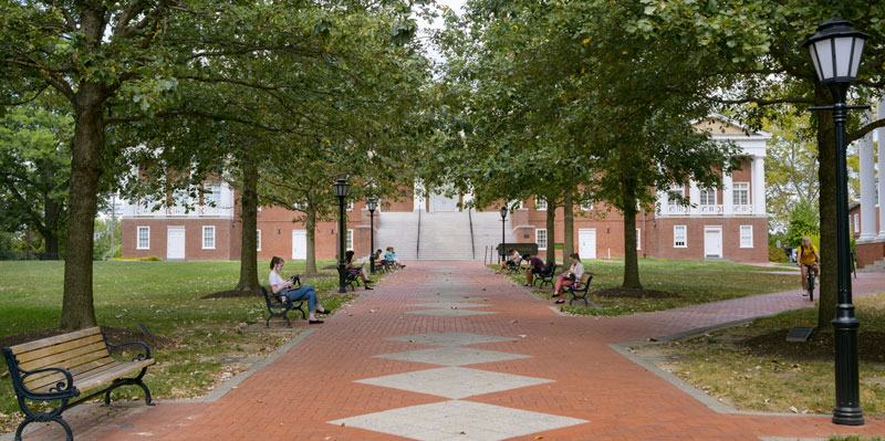 Campus-Diamond_Walkway-Old_College-092419 Image of the Diamond Walkway leading up to Old College on the Newark campus.