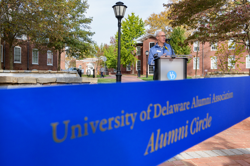Photograph of UDAA President, Steve Beattie at the dedication of Alumni Circle on the University of Delaware campus. 