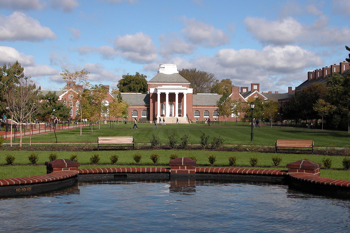 Fountain Photograph of Memorial Hall on the University of Delaware campus.