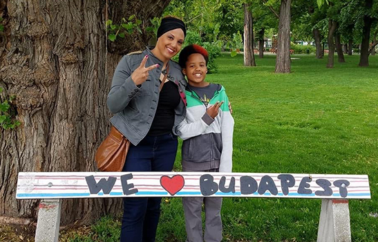 Bellamy and her son, Stefan, traveling in Budapest.