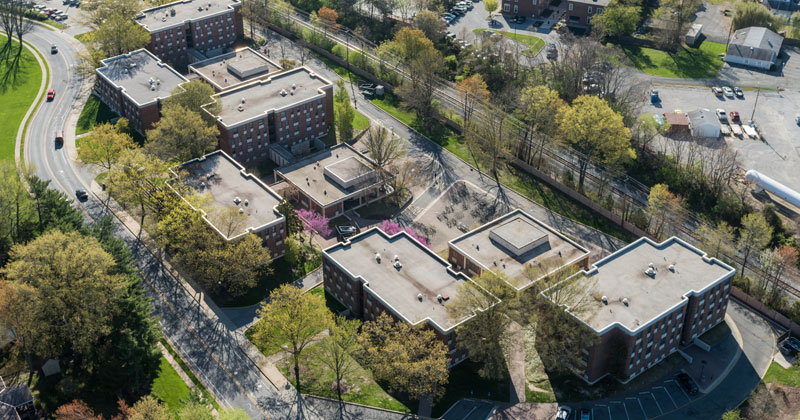 aerial view of campus near Rodney and Dickinson residence halls