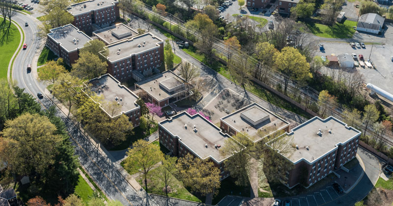 campus aerials aerial view of campus near Rodney and Dickinson residence halls