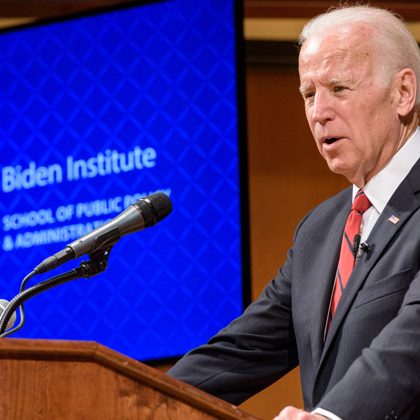 Official announcement for the creation of the Biden Domestic Policy Institute and the following reception at the University President's residence. The Biden Institute is 
