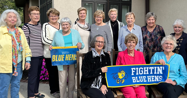 Alumni gather in September 2023 to celebrate their 60th reunion. Standing, left to right:  Golda Gebhart Davis, AS63; Karen Wilhelm Bryson, EHD63; Barbara King Longyear, HS63; Beverly Wild Finch; Beverly Pepper Steen, EHD63; Connie Parvis, EHD63; Lorna Hoehn Landis, AS64; Jane Mack Groundland, EHD64; Gretchen Steinmetz Collins, AS63; Georgeann Keen Stack, EHD63. Seated, left to right:  Paula Batchelder Young, AS63; Nancy Shaw, EHD64, EHD82M; and Sandy Salzenberg Scheibe, AS63.