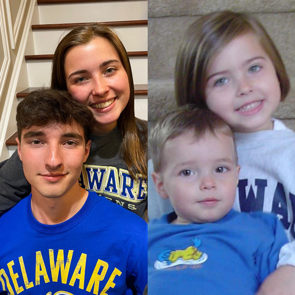 -	Side-by-side of their kids as young children with Delaware shirts and then the present photo