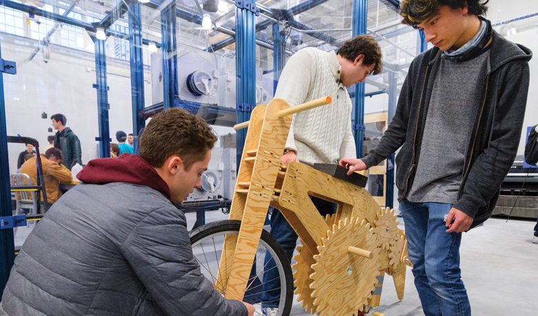 Students in the Statics (MEEG210) mechanical engineering course are partnering with Newark’s "Wooden Wheels" bike shop to design and manufacture wooden frame bikes. The 160 students in the course, working in teams of four, consulted with the owners of Wooden Wheels on their bike frame designs and then utilized the Design Studio in Spencer Lab to make the frames. This gave them a real-world opportunity to apply their newly acquired knowledge in Statics, a branch of mechanics.