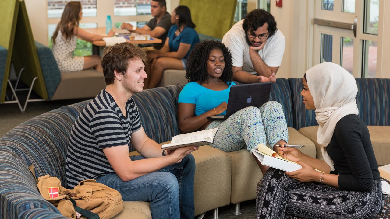 Honors students studying in the Redding Hall lounge. Photographed for an admissions viewbook. - (Evan Krape / University of Delaware)