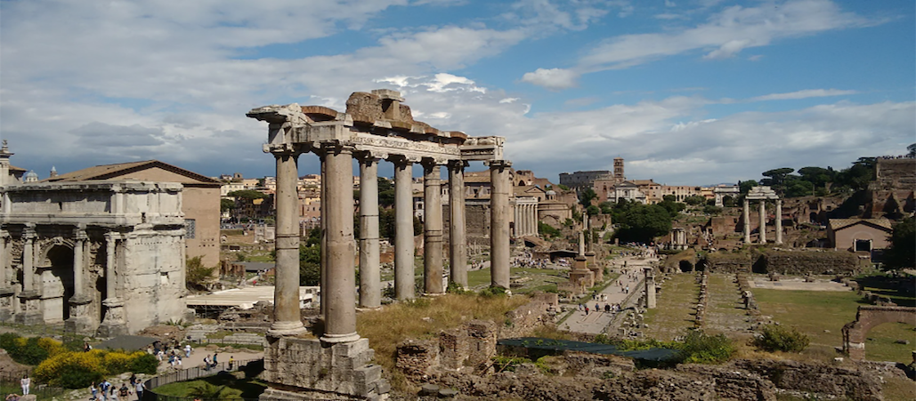 View of the Roman Forum from Via di Monte Tarpeo at the center of the city of Rome.