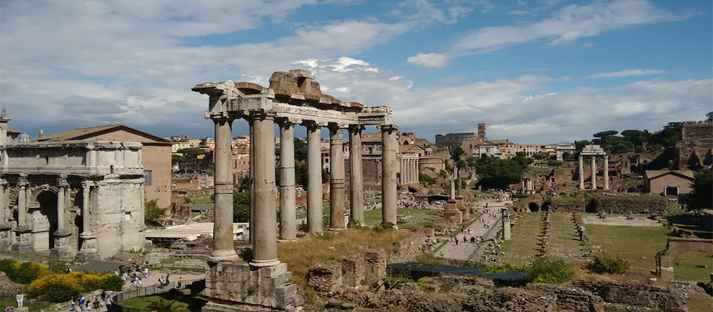 roman-forum-latin-education View of the Roman Forum from Via di Monte Tarpeo at the center of the city of Rome.