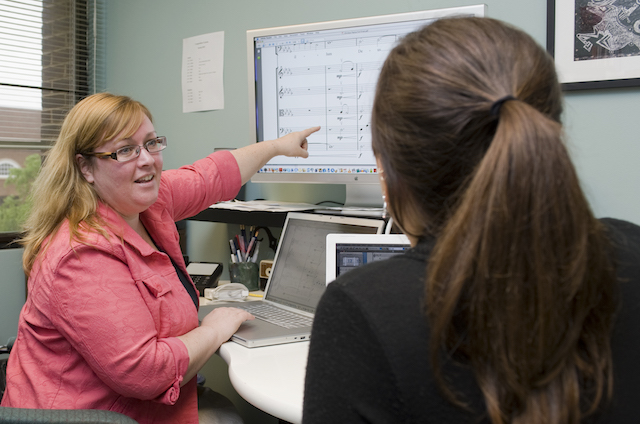 Jennifer Barker UD professor and student learning about music theory