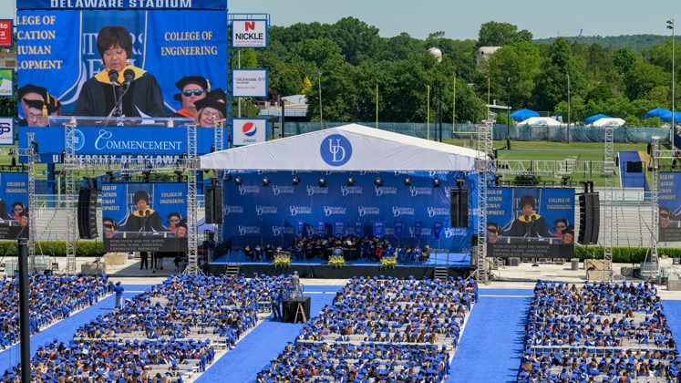 Drenched in sunshine at Delaware Stadium, the University of Delaware Class of 2023 was celebrated by family, friends, UD leaders and former astronaut Mae Jemison.
