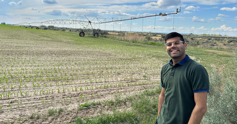  Piyush Mehta, a doctoral student at the University of Delaware’s College of Earth, Ocean and Environment pictured here in Hansen, Idaho, served as the lead author on a paper that looked at how and where irrigated areas have expanded globally from 2000-2015 and whether that expansion has occurred in a sustainable or unsustainable fashion. 