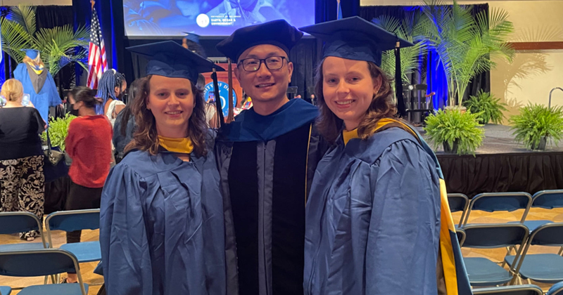 Kelsea Edwing (left) and Lei Huang (center) both recently had papers published in the scientific journal Geophysical Research Letters. They are pictured here at graduation in 2023 with Edwing’s sister, Deanna Edwing (right), who was also a member of Xiao-Hai Yan’s lab, graduated from UD and served as a co-author on Huang’s paper. 