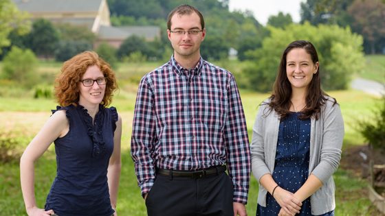 Shot 9/14/17. Left to right, Casey Johnson; , Ryan Arsenault, assistant professor of Animal and Food Sciences; Bridget Aylward. Johnson and Aylward are researchers who work with Arsenault. 
