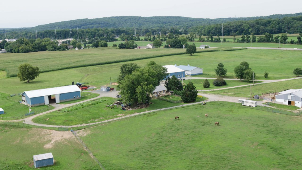 An aerial phot of the Webb Farm which is home to the equine teaching facility and Doreset sheep.