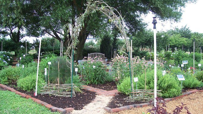 A photo of a demonstration garden with a vine arch created by Delaware Master Gardeners.