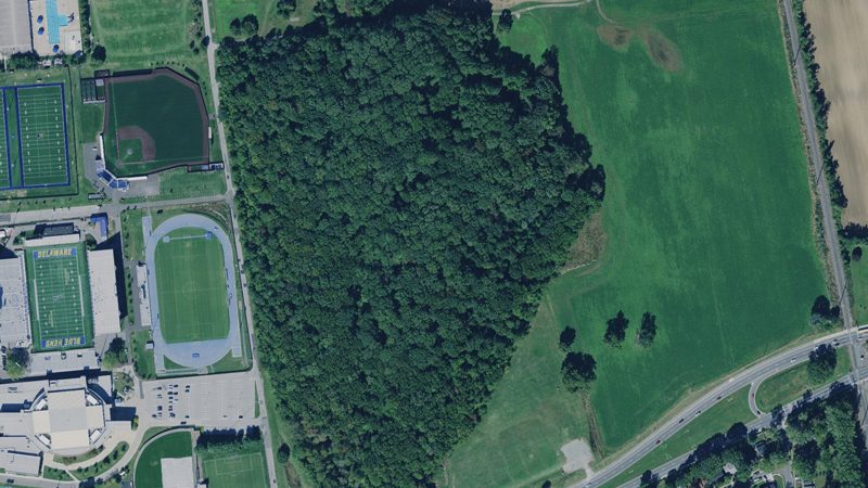 An aerial photo looking down on the Ecology Wood Plot at the University of Delaware's Newark Campus.