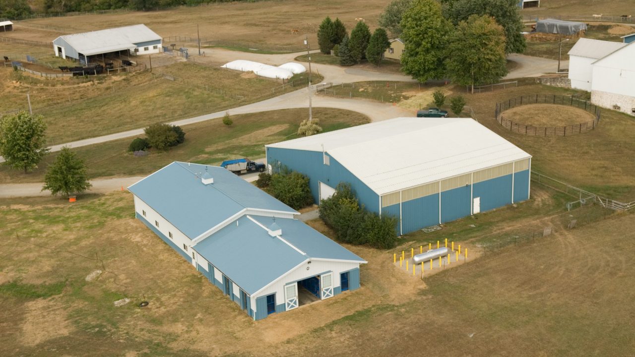 An aerial photo looking fown on the University of Delaware Equine Teaching Facility.