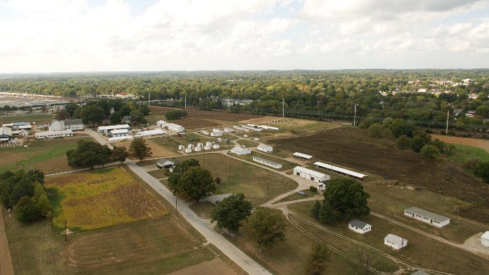 An aerial photo that shows poultry houses on the Newark campus in Delaware.