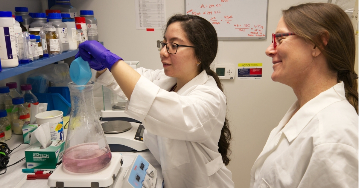 A student and professor working in the lab.