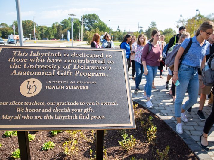 The new labyrinth at the UD Health Sciences Complex was dedicated Sept. 23, 2019 to honor those who participated in the University’s anatomical donor program.

The labyrinth was inspired by students in the Physical Therapy program who wished to commemorate and thank their “silent teachers.”